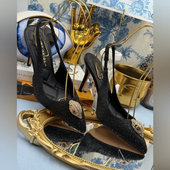 🆕 KURT GEIGER LONDON 🧿 NWOB Belgravia Black Crystal Sling Back Heel, Sz 38 7.5 - Picture 3 of 16